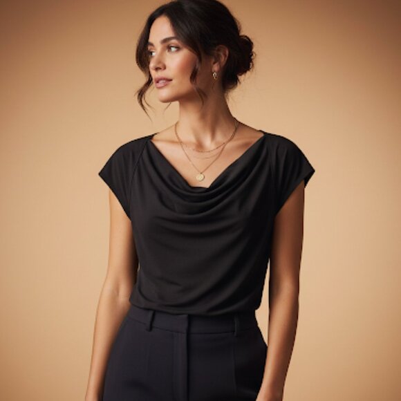 Maeve Tops - Maeve Black Cowl Draped Neck Modal Blend Classy Soft Cap Sleeved Blouse Size S